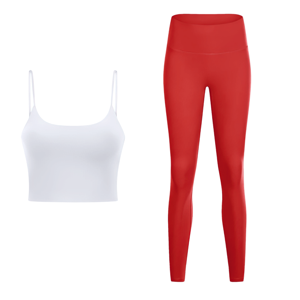 Eco-friendly quick dry sleeveless yoga set SF2144 in solid color with white crop top and red leggings, anti-pilling design.